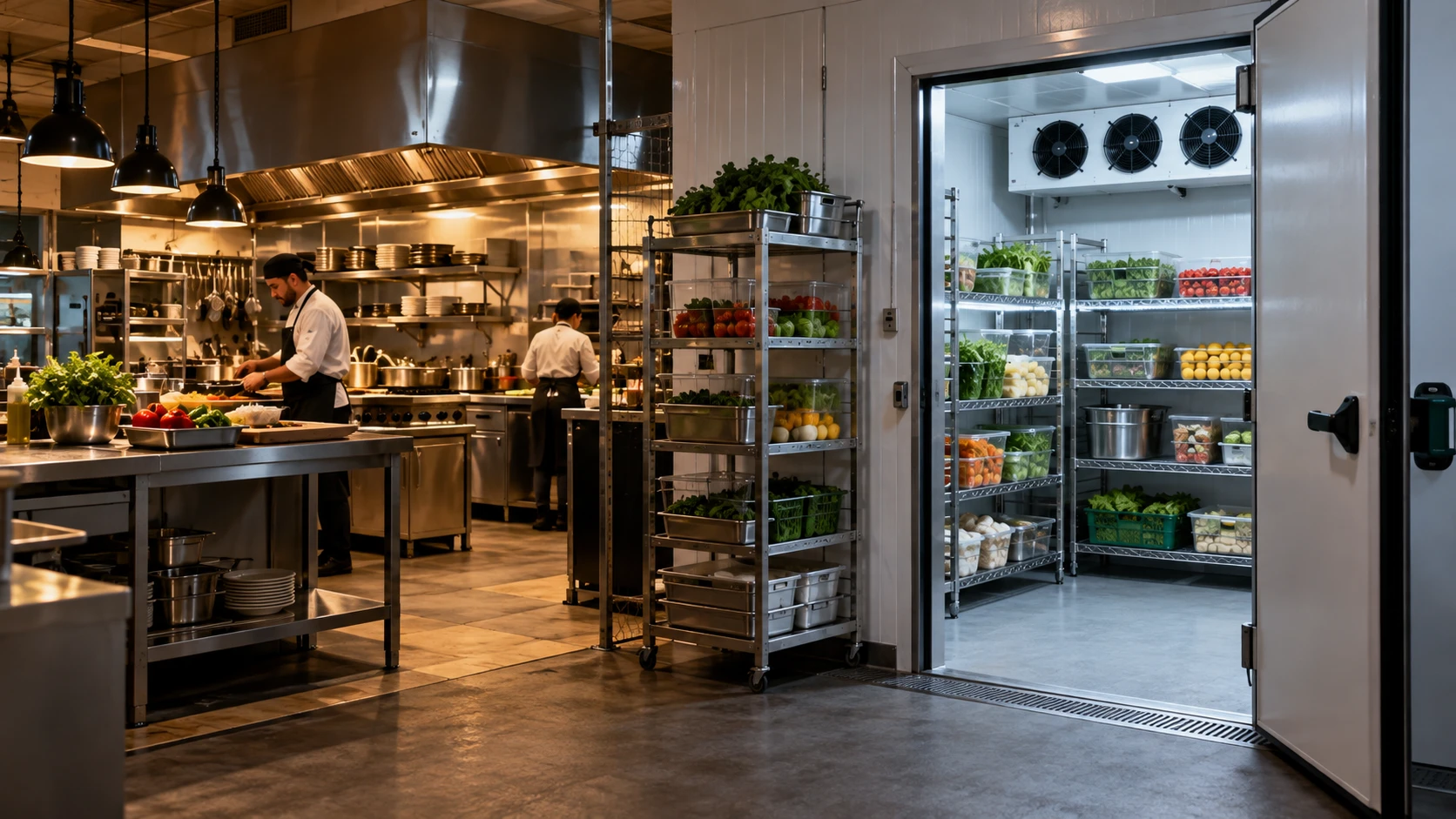 Cámaras de refrigeración en Guadalajara: ilustración de cámara fría con evaporador y almacenamiento junto a una cocina profesional