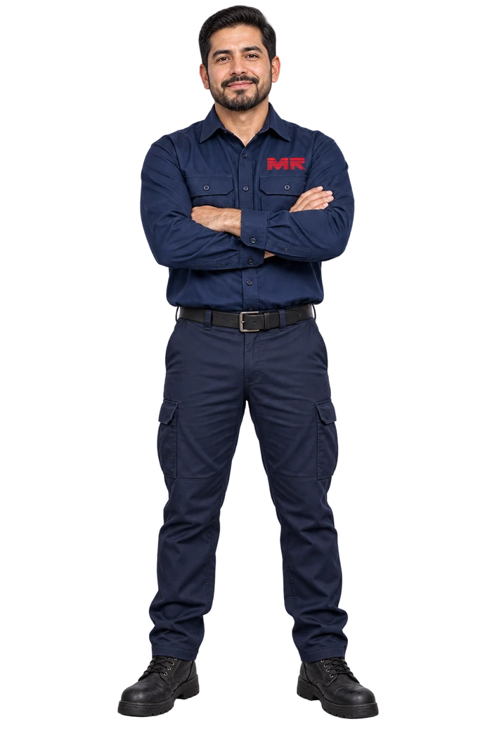 Técnico de frente con los brazos cruzados y uniforme de MR Refrigeración