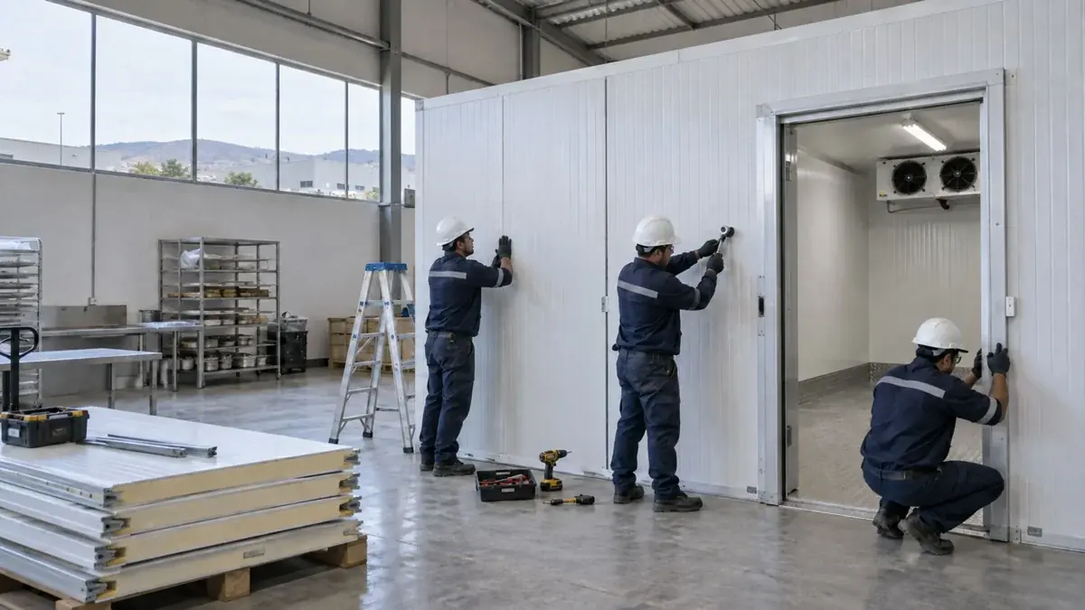 Técnicos de MR Refrigeración trabajando en paneles y puertas de una cámara fría