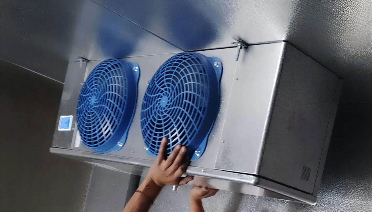 Evaporador de dos ventiladores azules en cámara de refrigeración — MR Refrigeración en Guadalajara