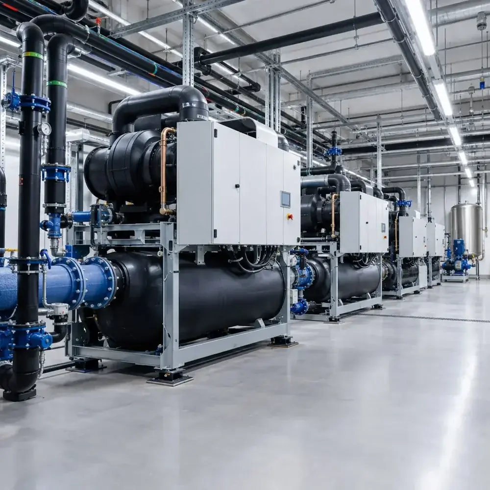 Equipos water chiller conectados a tuberías de enfriamiento en una nave industrial