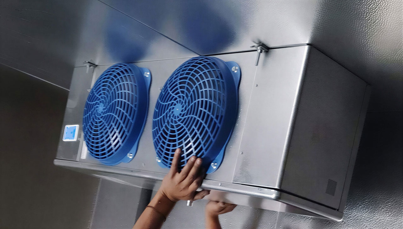 Evaporador de dos ventiladores azules en cámara de refrigeración — MR Refrigeración en Guadalajara